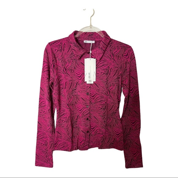 Zara Women Size M Shirt Animal Print Long Sleeve Collar Knit Blouse Fuchsia NWT - Picture 2 of 14